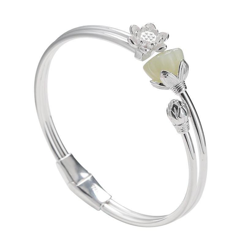 925 sterling silver inlaid natural hetian jade bracelet female hand-carved lotus flower retro temperament open bracelet bracelet jewelry