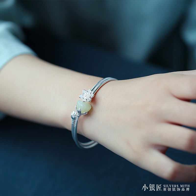 925 sterling silver inlaid natural hetian jade bracelet female hand-carved lotus flower retro temperament open bracelet bracelet jewelry