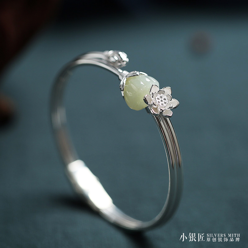925 sterling silver inlaid natural hetian jade bracelet female hand-carved lotus flower retro temperament open bracelet bracelet jewelry
