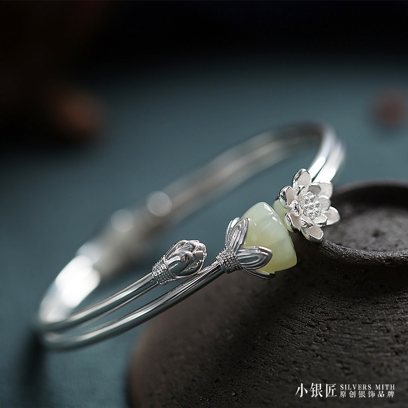 925 sterling silver inlaid natural hetian jade bracelet female hand-carved lotus flower retro temperament open bracelet bracelet jewelry